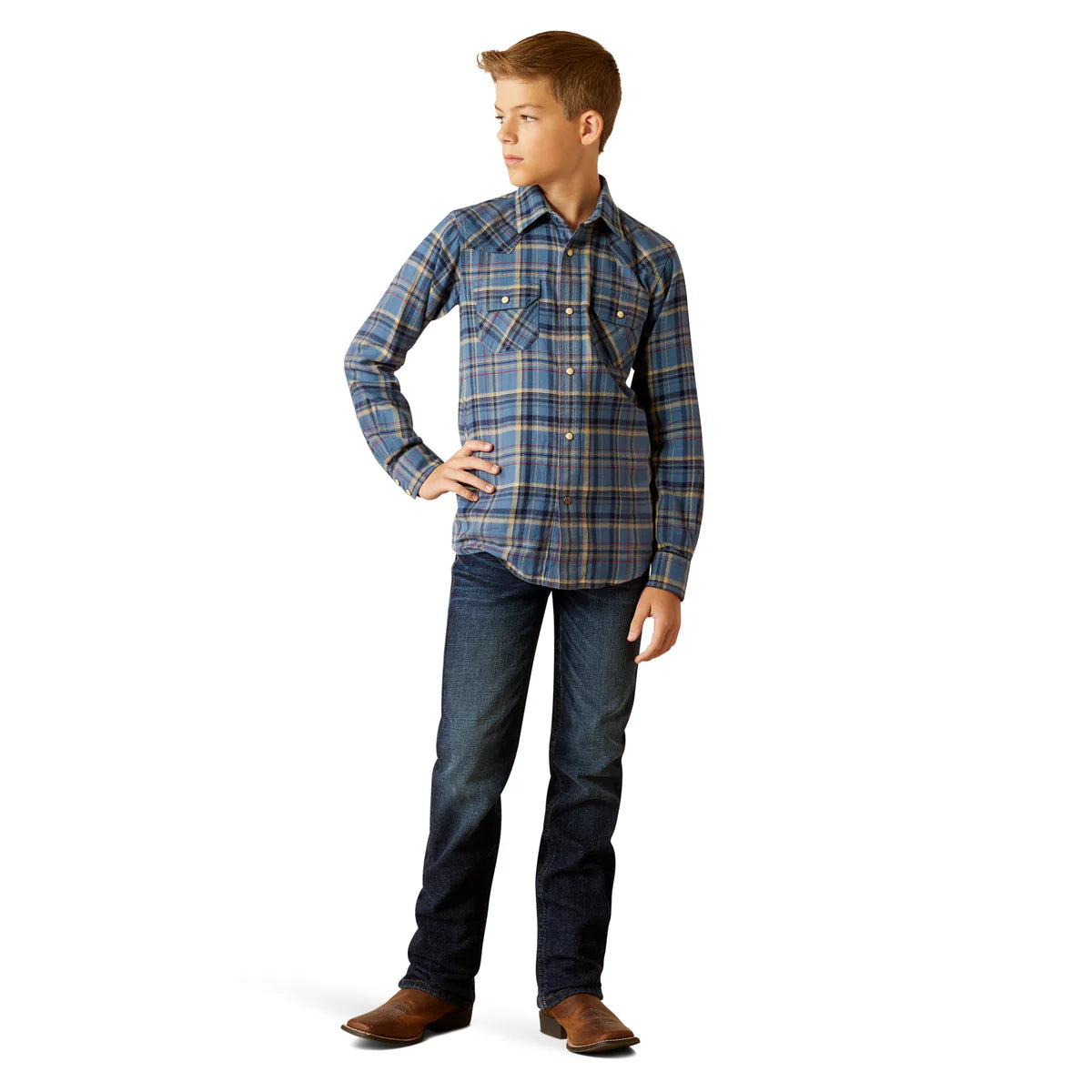 Ariat Boys Huntley Retro Fit Snap Long Sleeved Shirt in Copen Blue