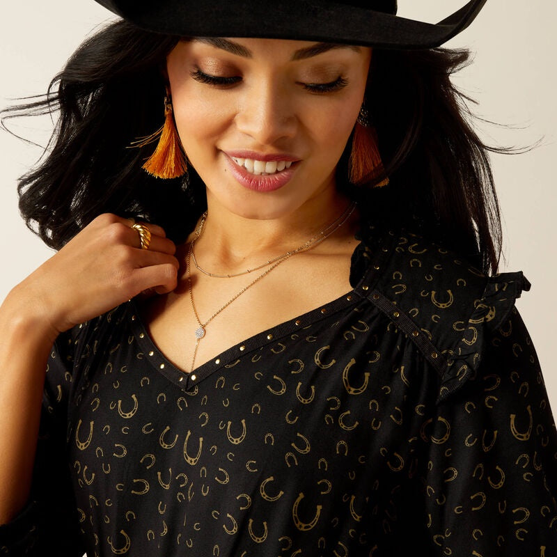 Ariat Womens Blinged Out LS Dress Golden Horseshoes Print