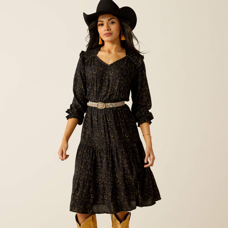 Ariat Womens Blinged Out LS Dress Golden Horseshoes Print