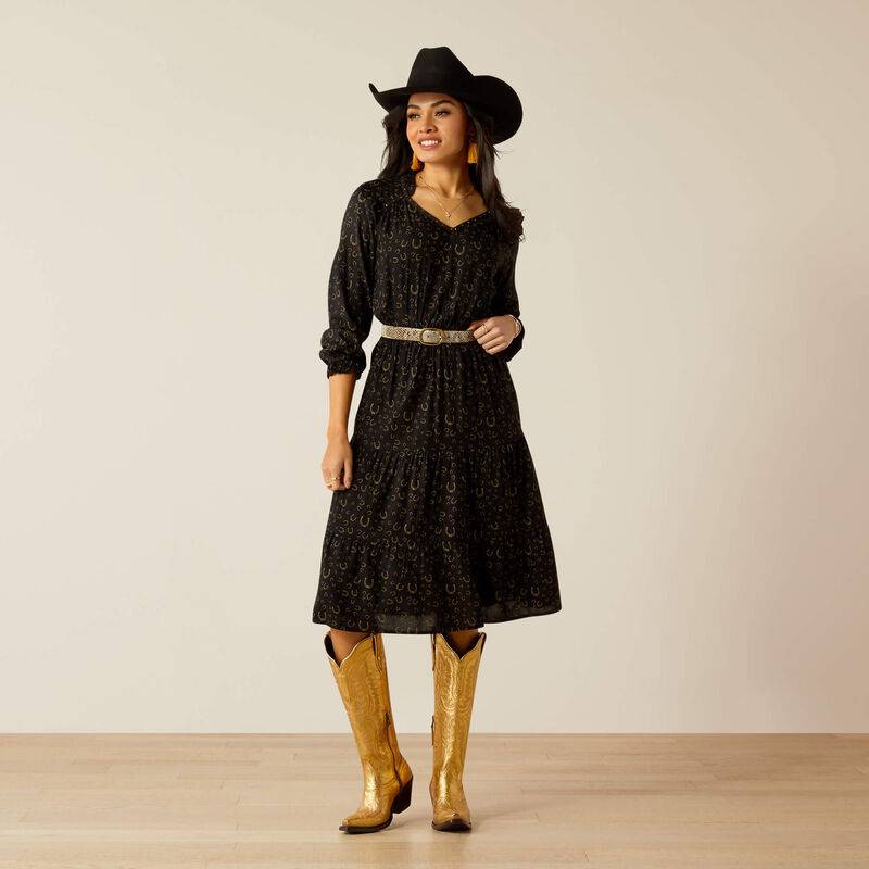 Ariat Womens Blinged Out LS Dress Golden Horseshoes Print