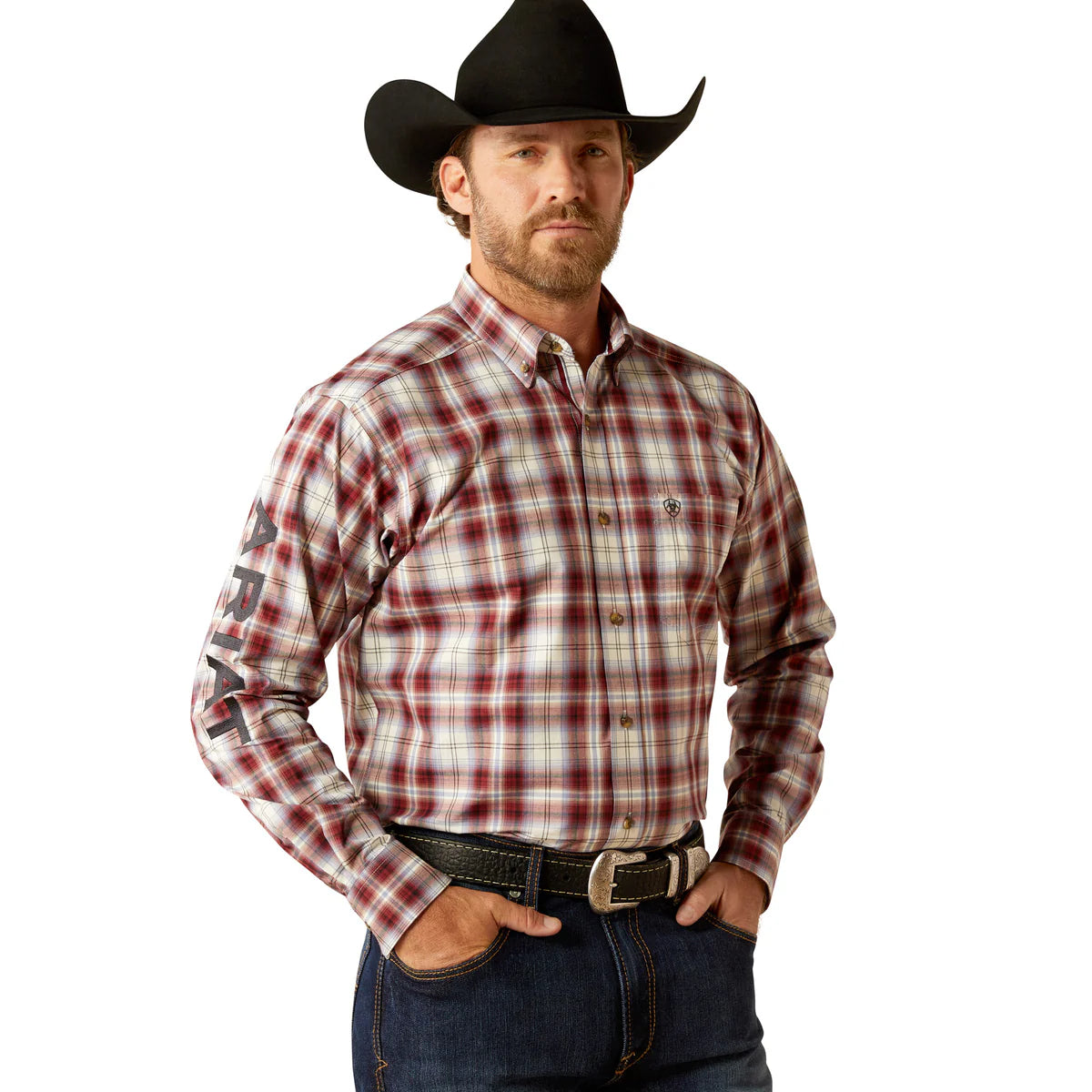 Ariat Mens Pro Series Team Oscar Long Sleeved Shirt in Dark Red/Navy