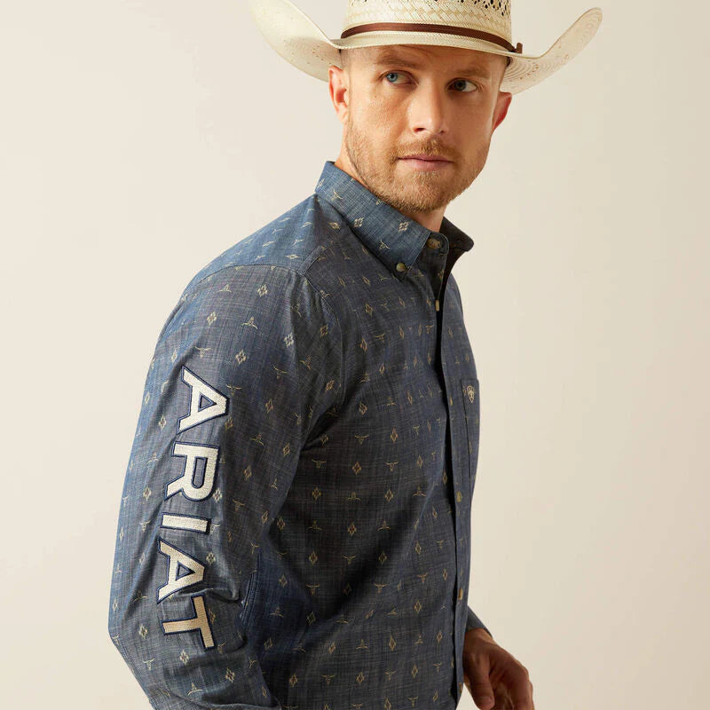 Ariat Mens Team Philibert Classic Fit LS Shirt in Chambray Blue/Khaki