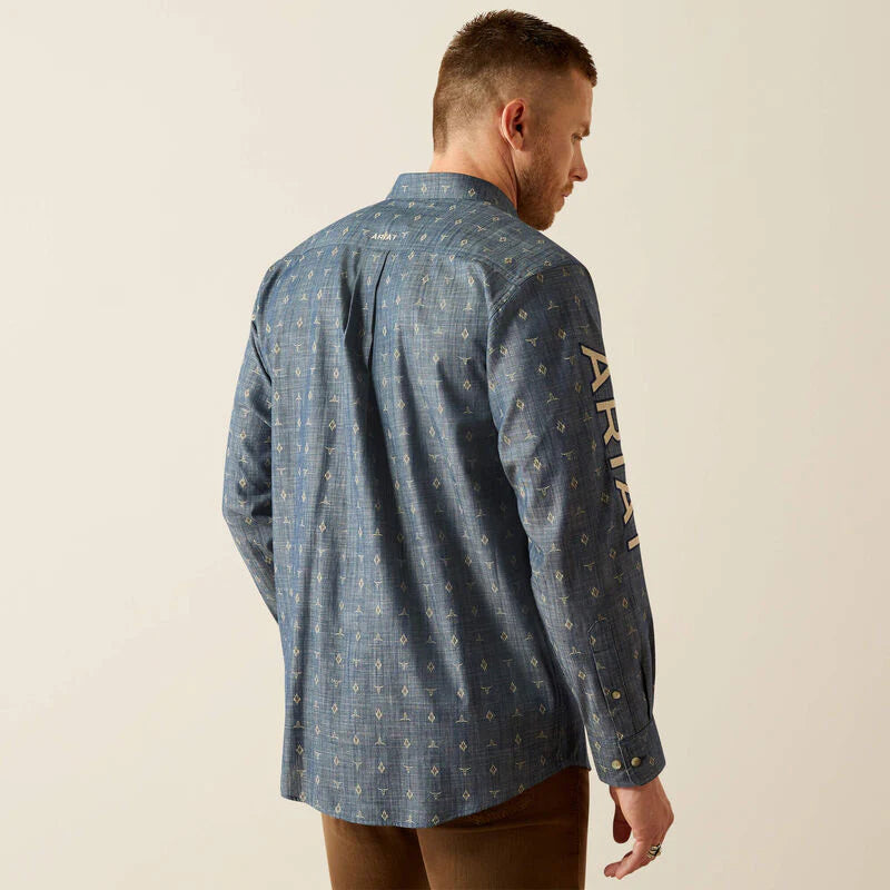 Ariat Mens Team Philibert Classic Fit LS Shirt in Chambray Blue/Khaki