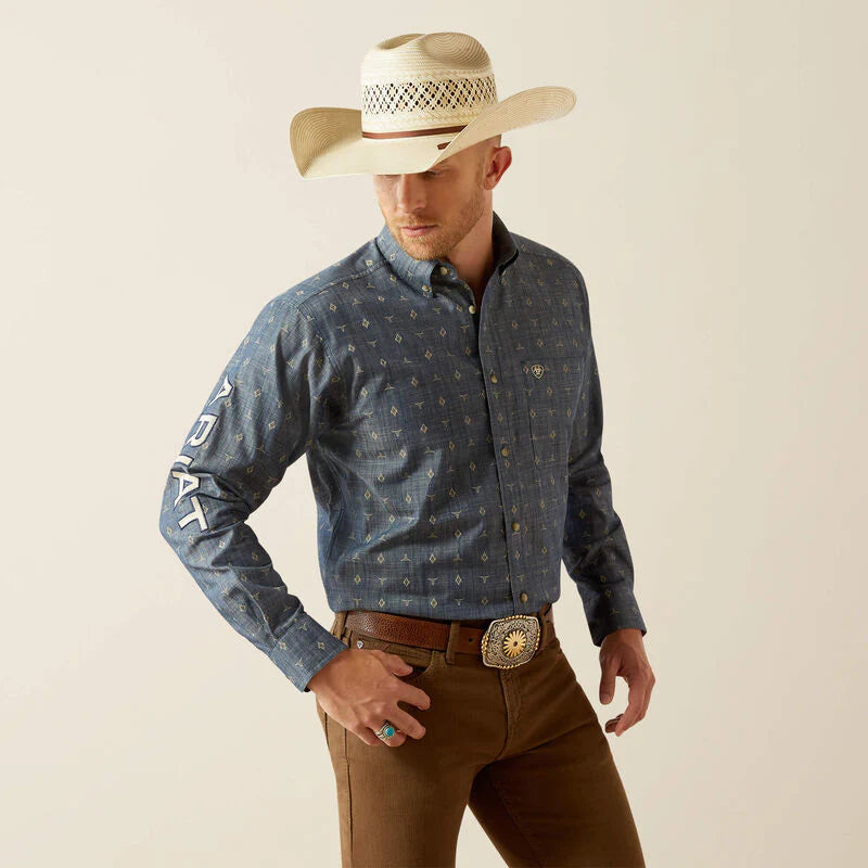 Ariat Mens Team Philibert Classic Fit LS Shirt in Chambray Blue/Khaki