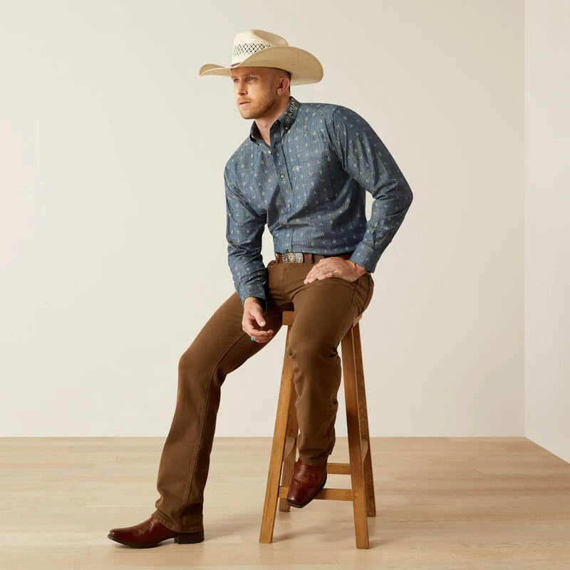 Ariat Mens Team Philibert Classic Fit LS Shirt in Chambray Blue/Khaki