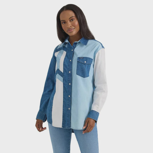 Wrangler Womens Western L/S Pieced Boyfriend Denim Shirt