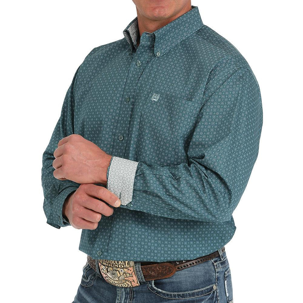 Cinch Mens Green Print Classic Fit Long Sleeve Button Down Fred Shirt