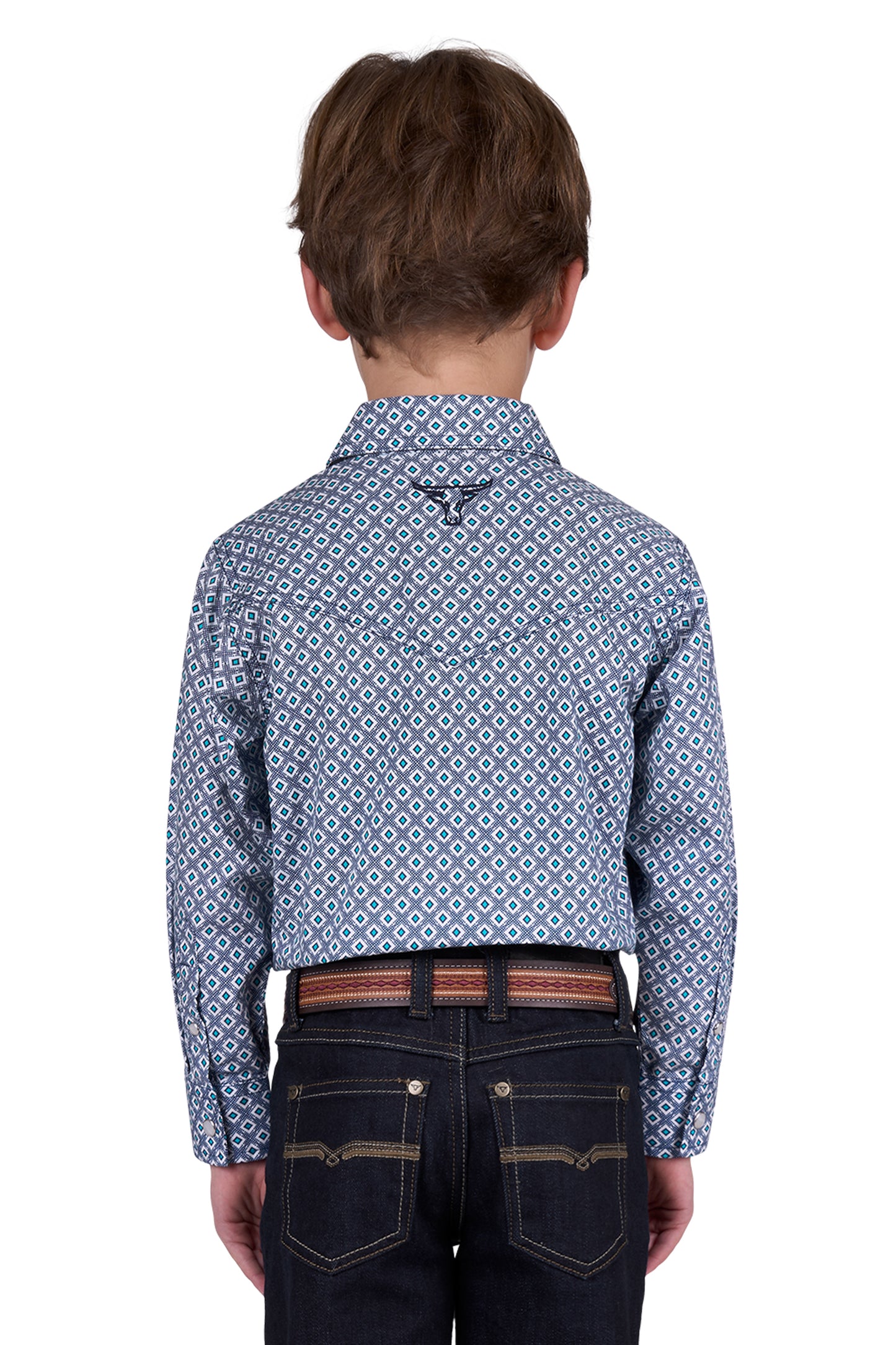 Pure Western Boys Mark LS Shirt in Navy/Teal