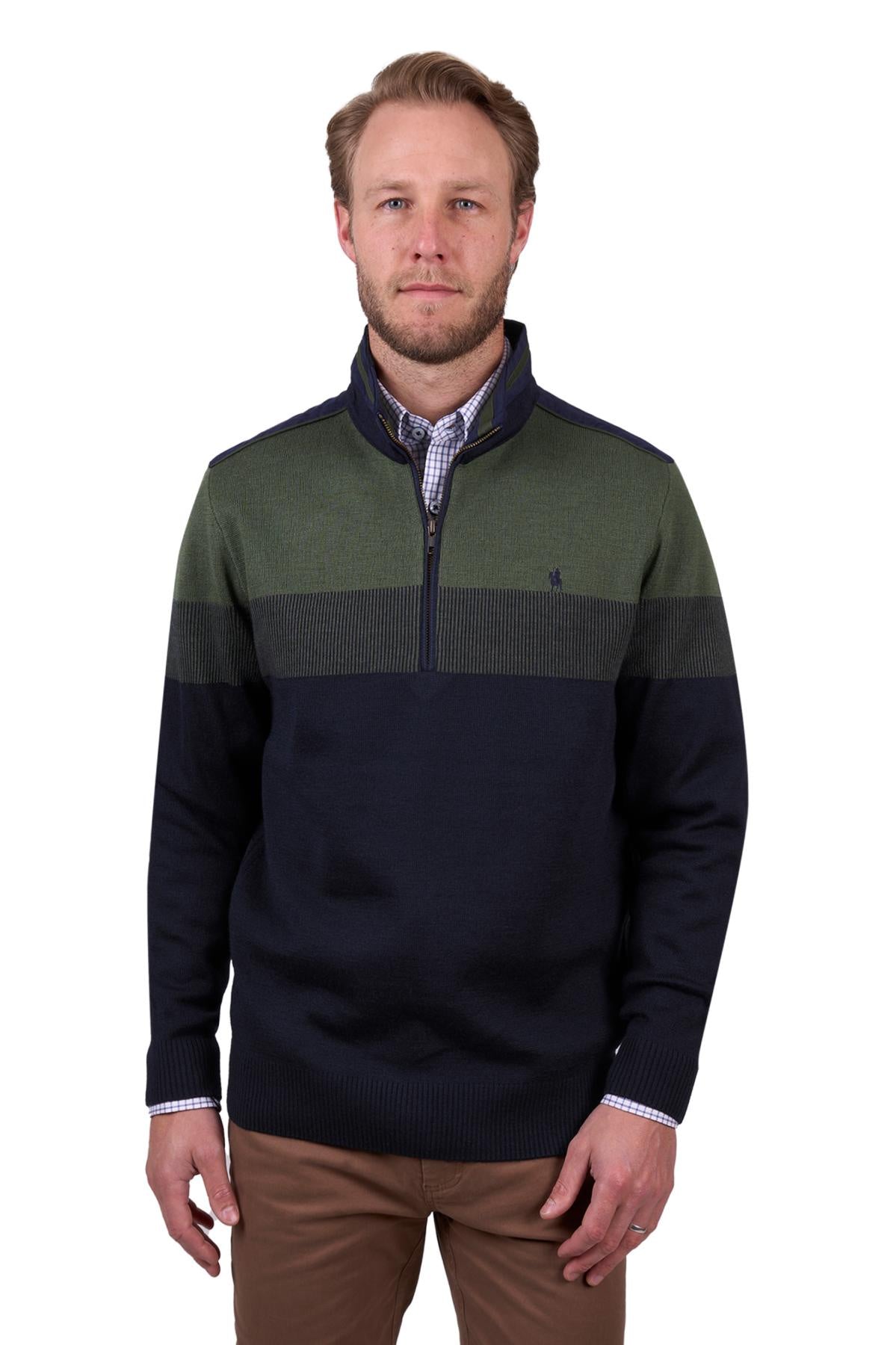 Thomas Cook Mens Roy Stripe Merino Blend 1/4 Zip Jumper in Navy/Dark Green