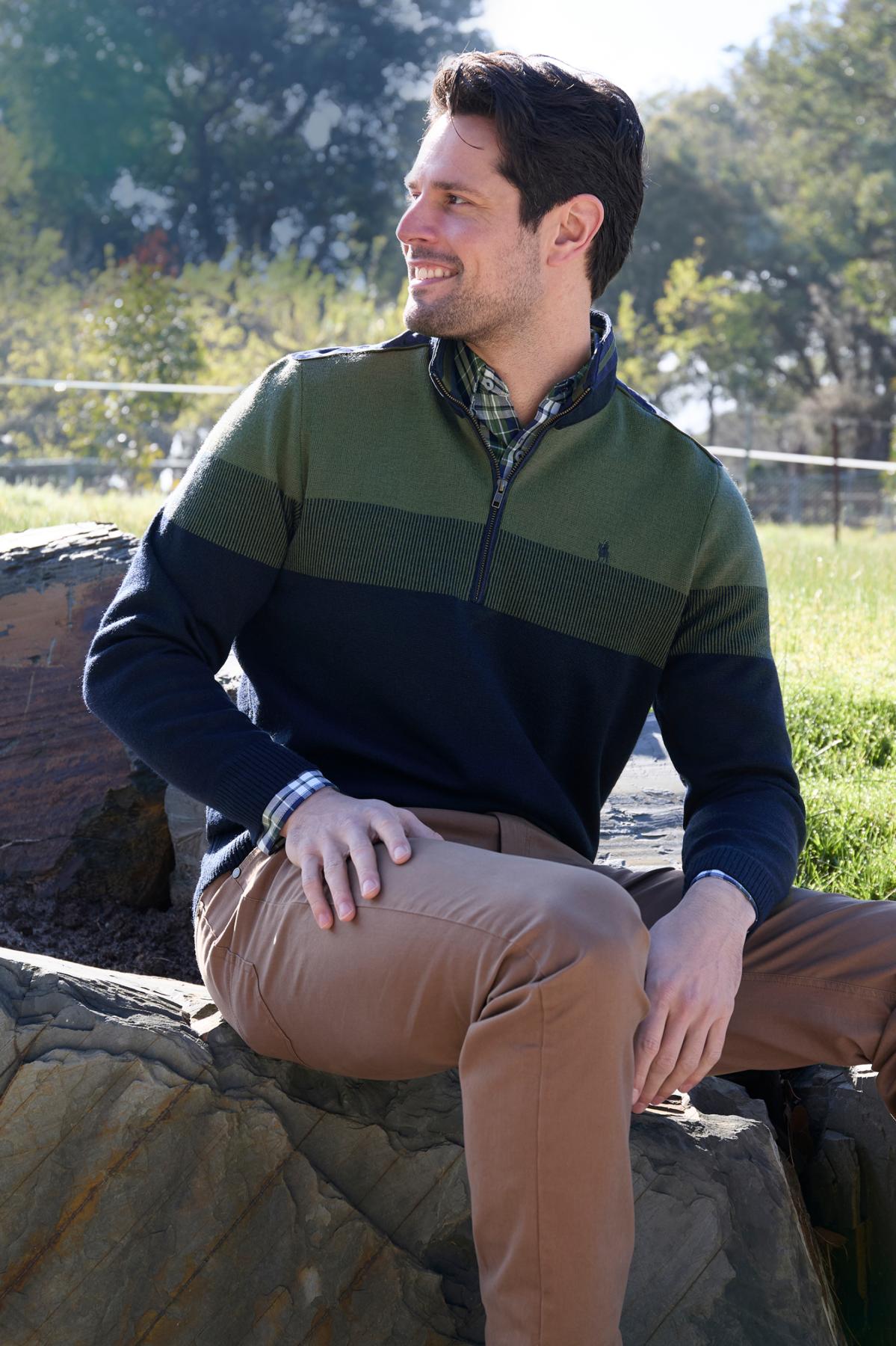 Thomas Cook Mens Roy Stripe Merino Blend 1/4 Zip Jumper in Navy/Dark Green