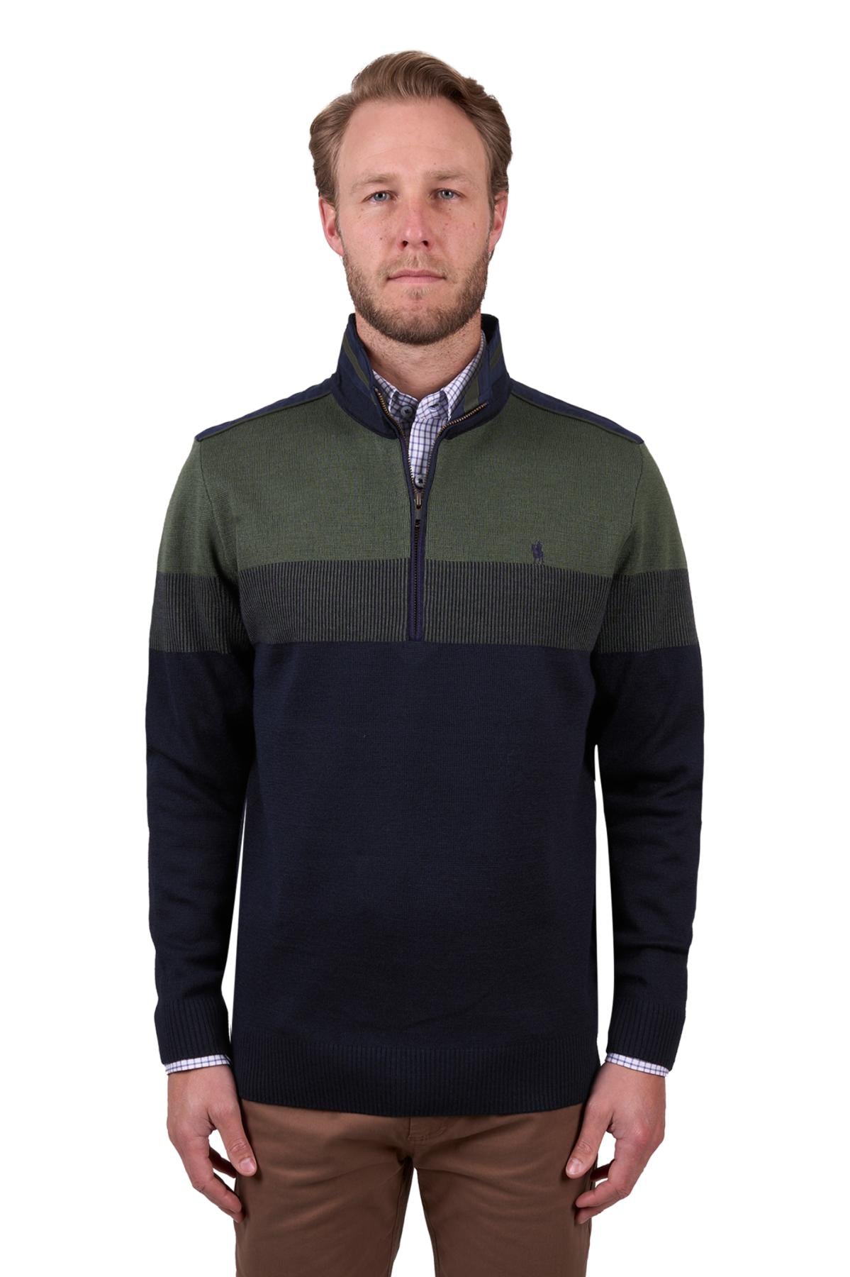 Thomas Cook Mens Roy Stripe Merino Blend 1/4 Zip Jumper in Navy/Dark Green