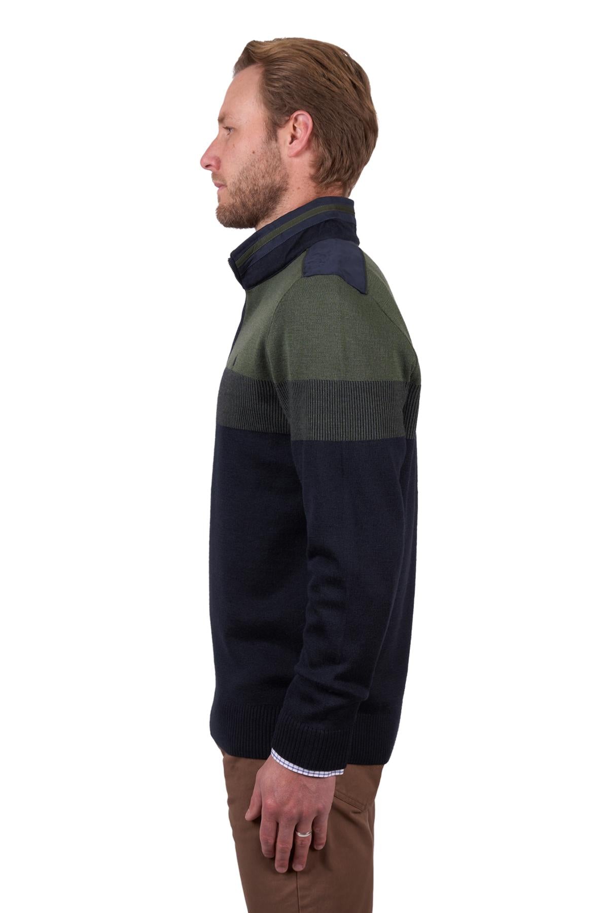 Thomas Cook Mens Roy Stripe Merino Blend 1/4 Zip Jumper in Navy/Dark Green
