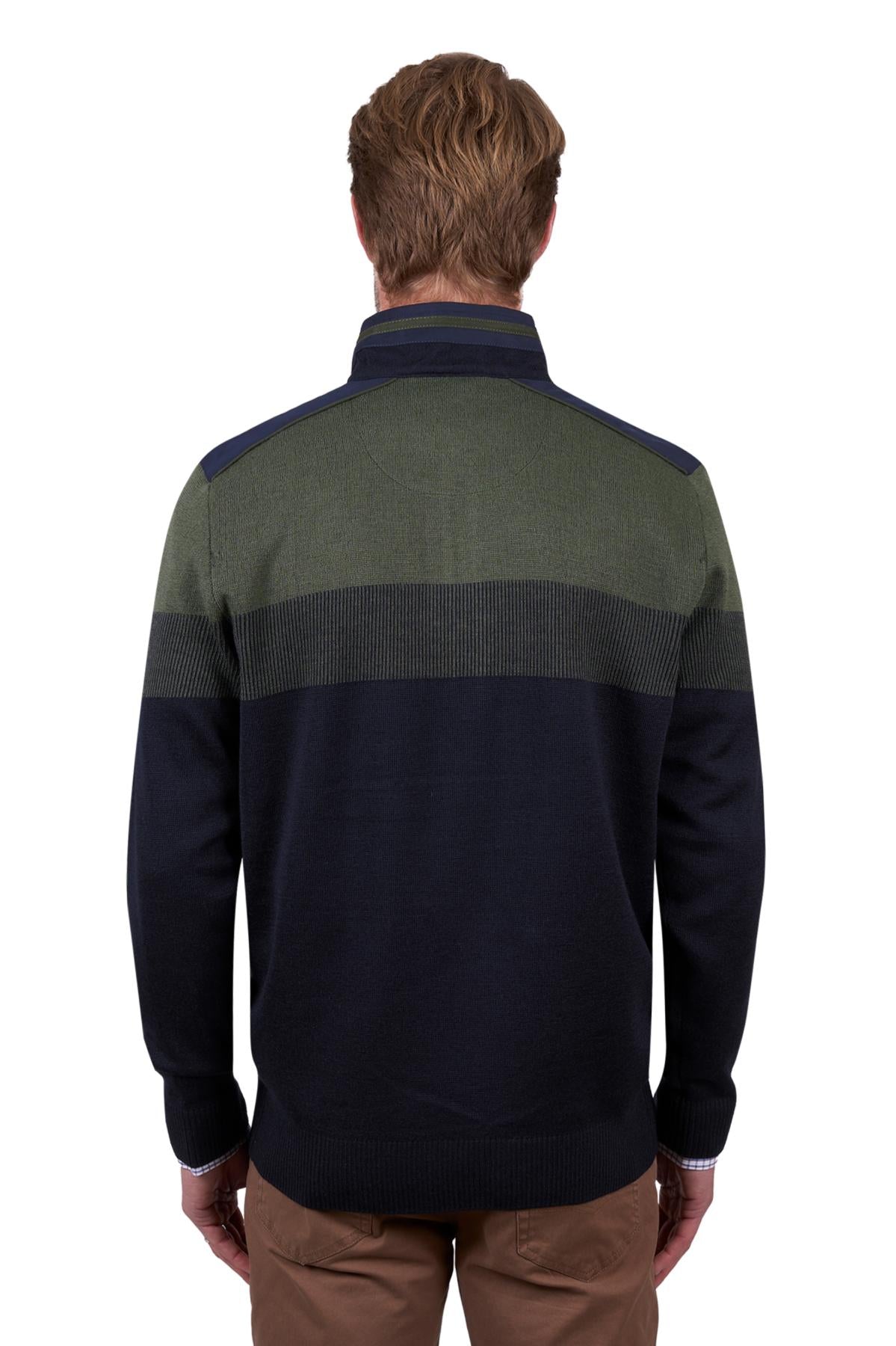 Thomas Cook Mens Roy Stripe Merino Blend 1/4 Zip Jumper in Navy/Dark Green