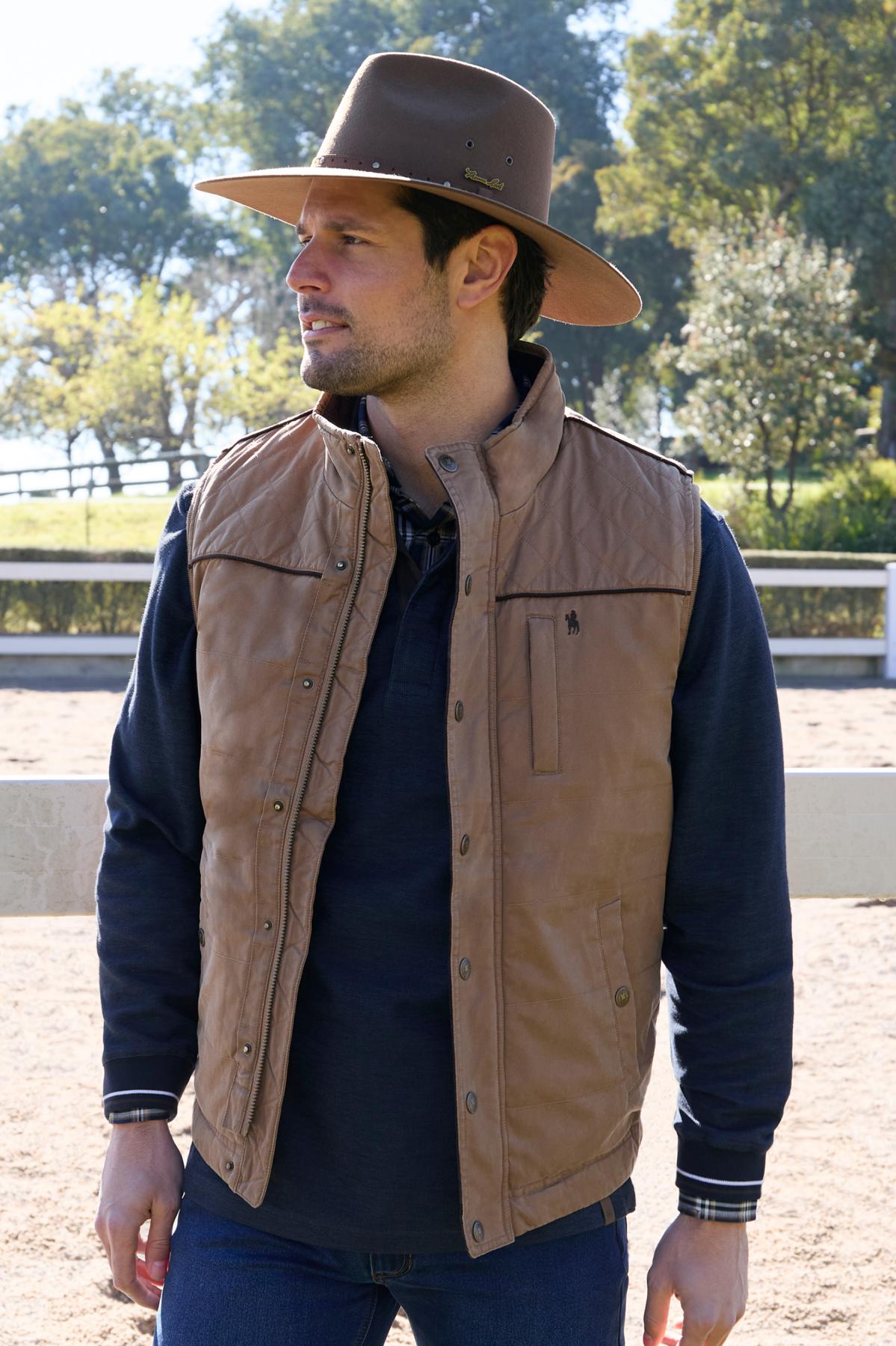 Thomas Cook Mens Stan Faux Oilskin Vest in Camel