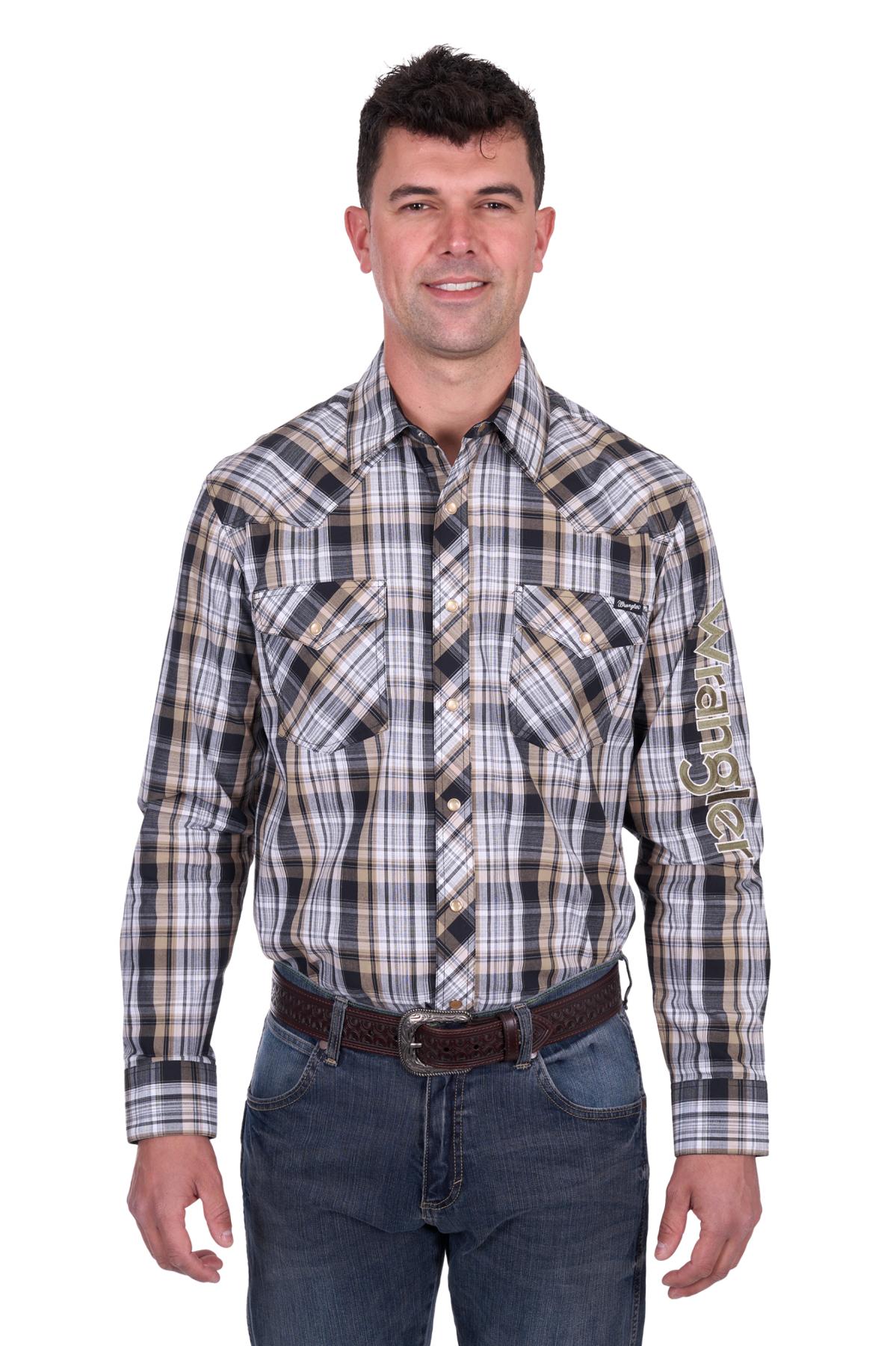 Wrangler Mens Joel Logo LS Shirt in Black and Tan