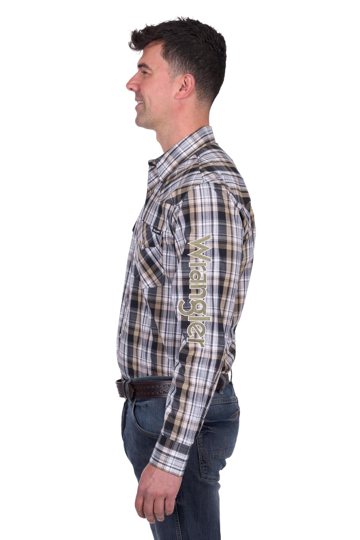 Wrangler Mens Joel Logo LS Shirt in Black and Tan