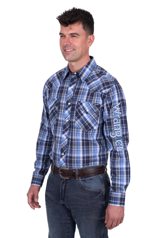 Wrangler Mens Billy Logo LS Shirt in Navy and Light Blue