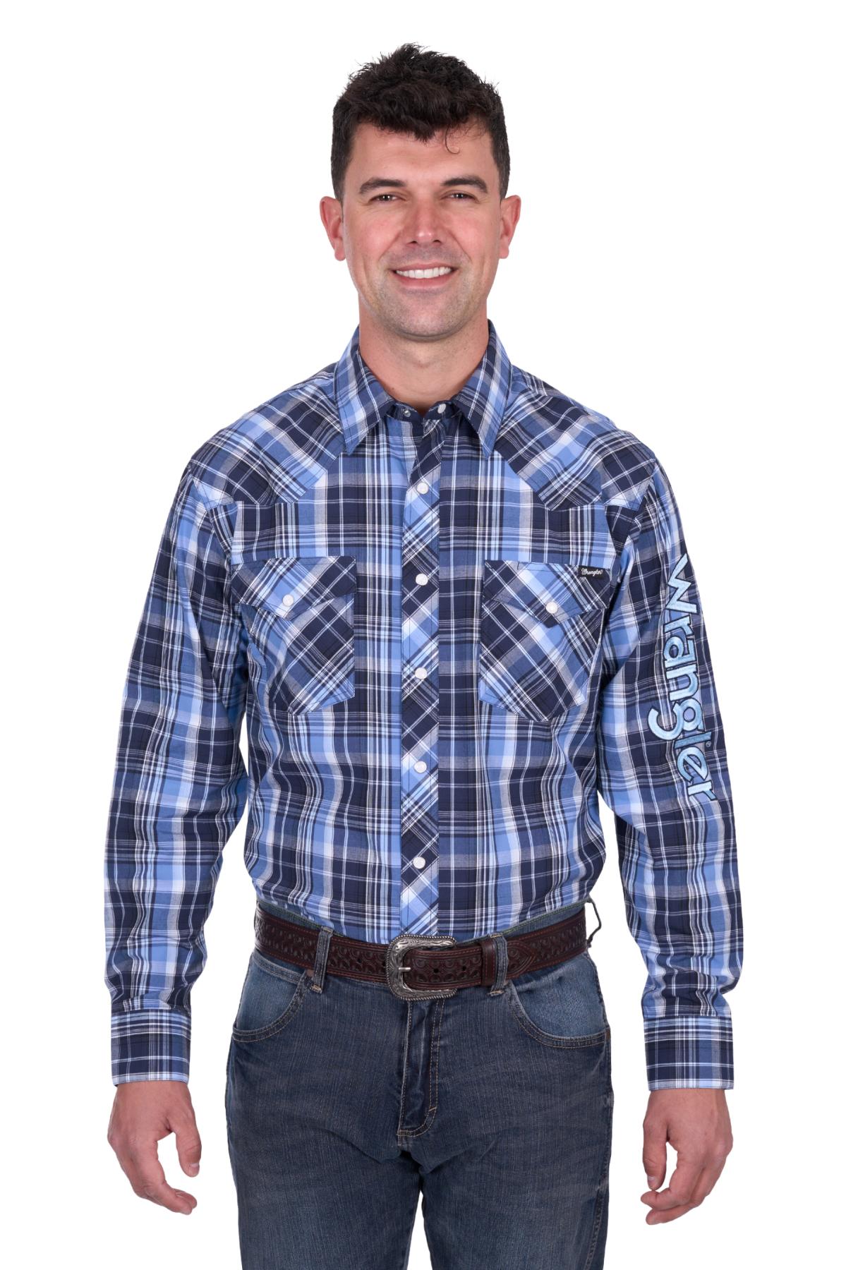 Wrangler Mens Billy Logo LS Shirt in Navy and Light Blue