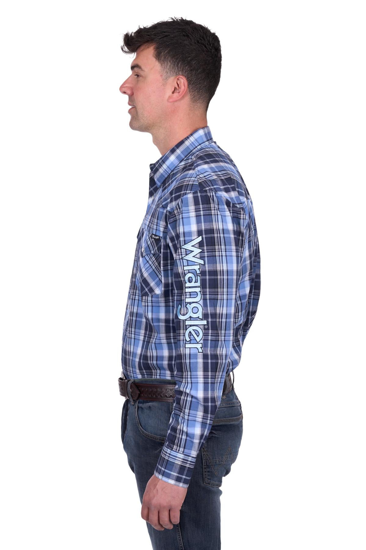 Wrangler Mens Billy Logo LS Shirt in Navy and Light Blue