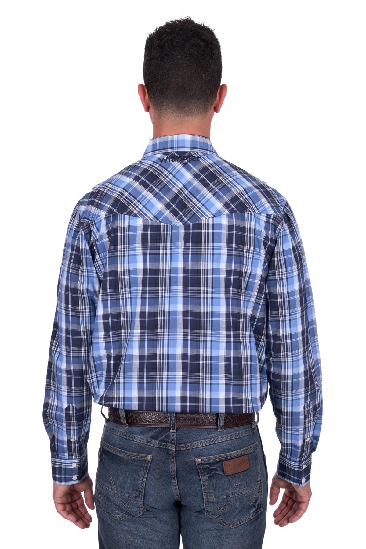 Wrangler Mens Billy Logo LS Shirt in Navy and Light Blue