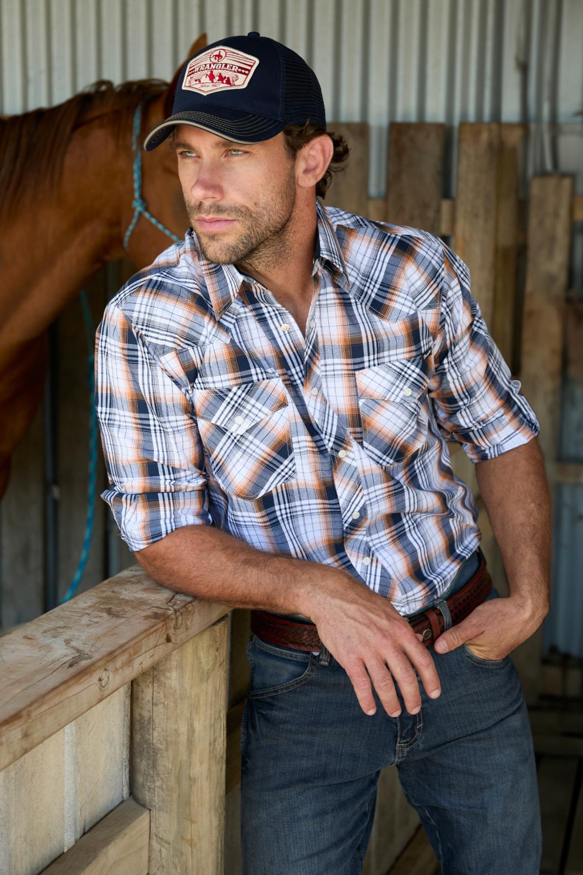 Wrangler Mens Toby LS Logo Shirt in Navy and Orange