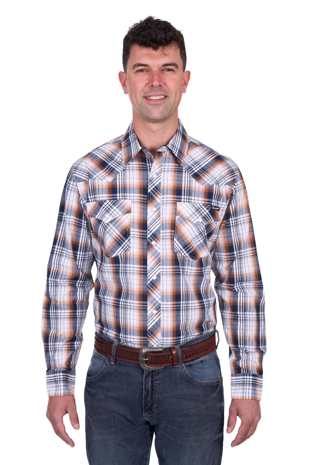 Wrangler Mens Toby LS Logo Shirt in Navy and Orange