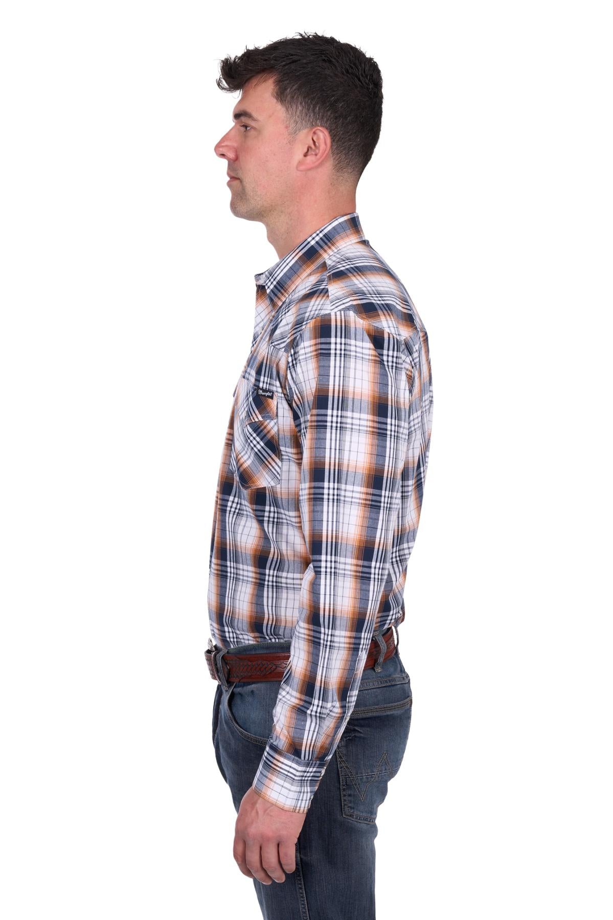 Wrangler Mens Toby LS Logo Shirt in Navy and Orange