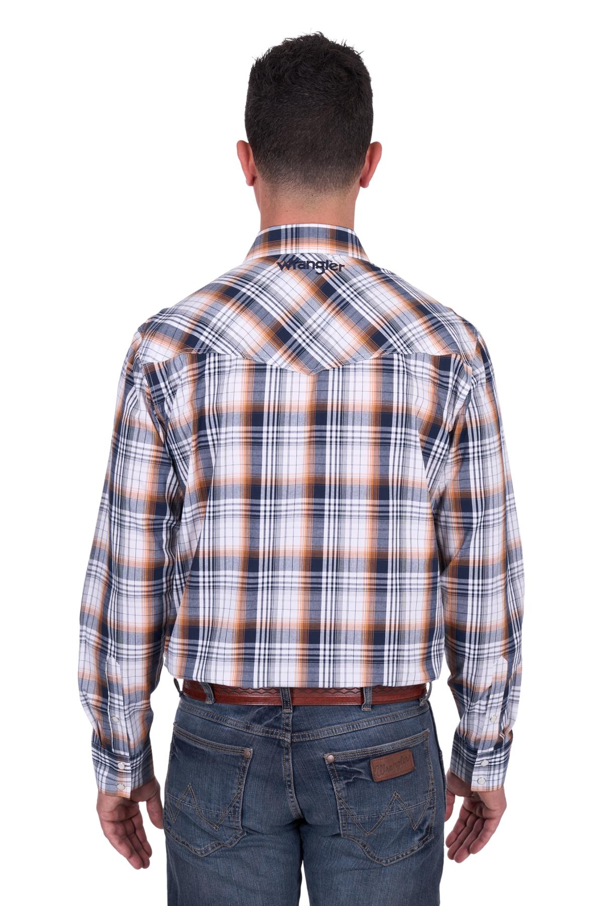 Wrangler Mens Toby LS Logo Shirt in Navy and Orange