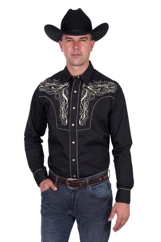Wrangler Mens Carlos Embroidered LS Shirt in Black