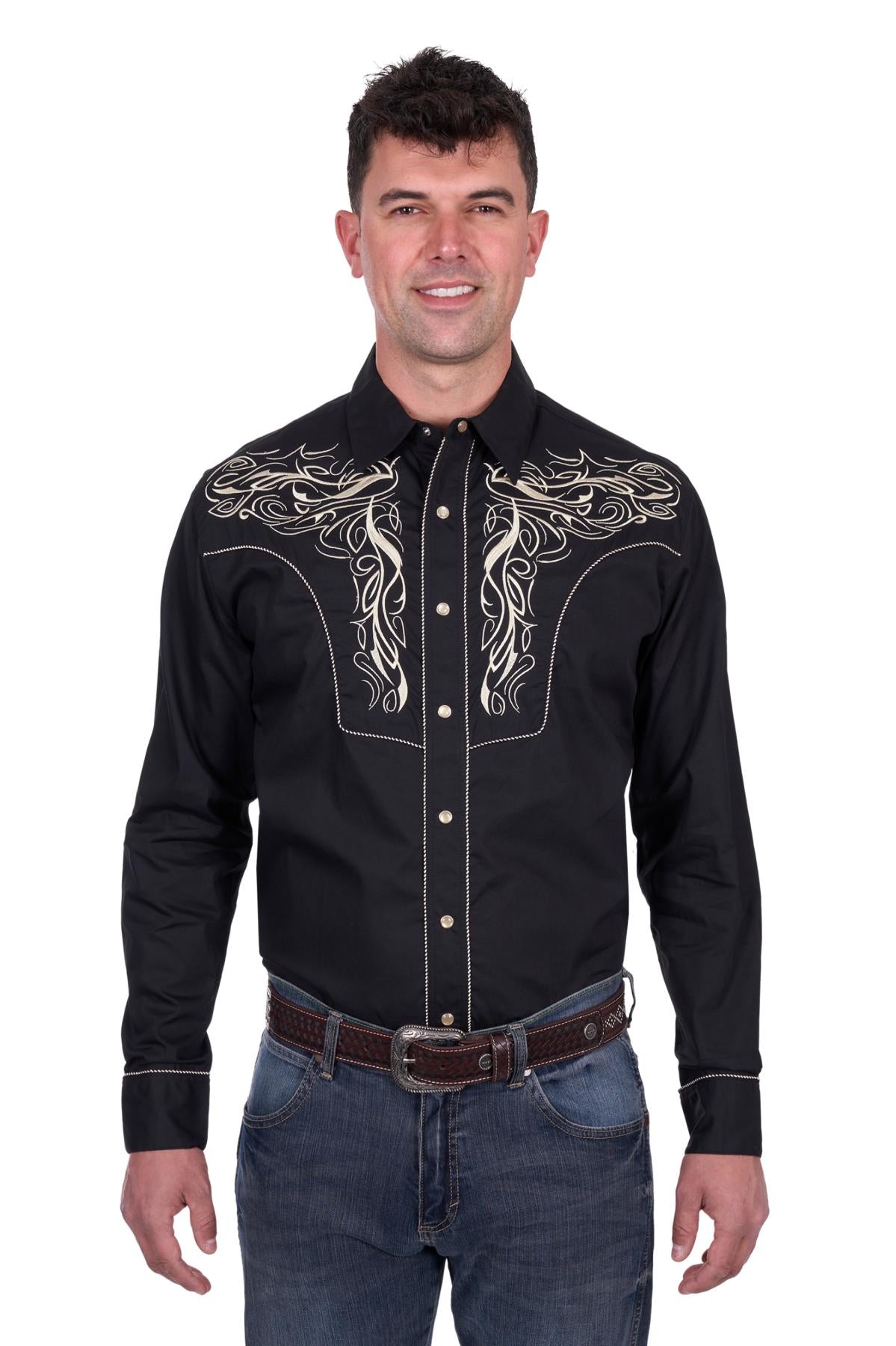 Wrangler Mens Carlos Embroidered LS Shirt in Black