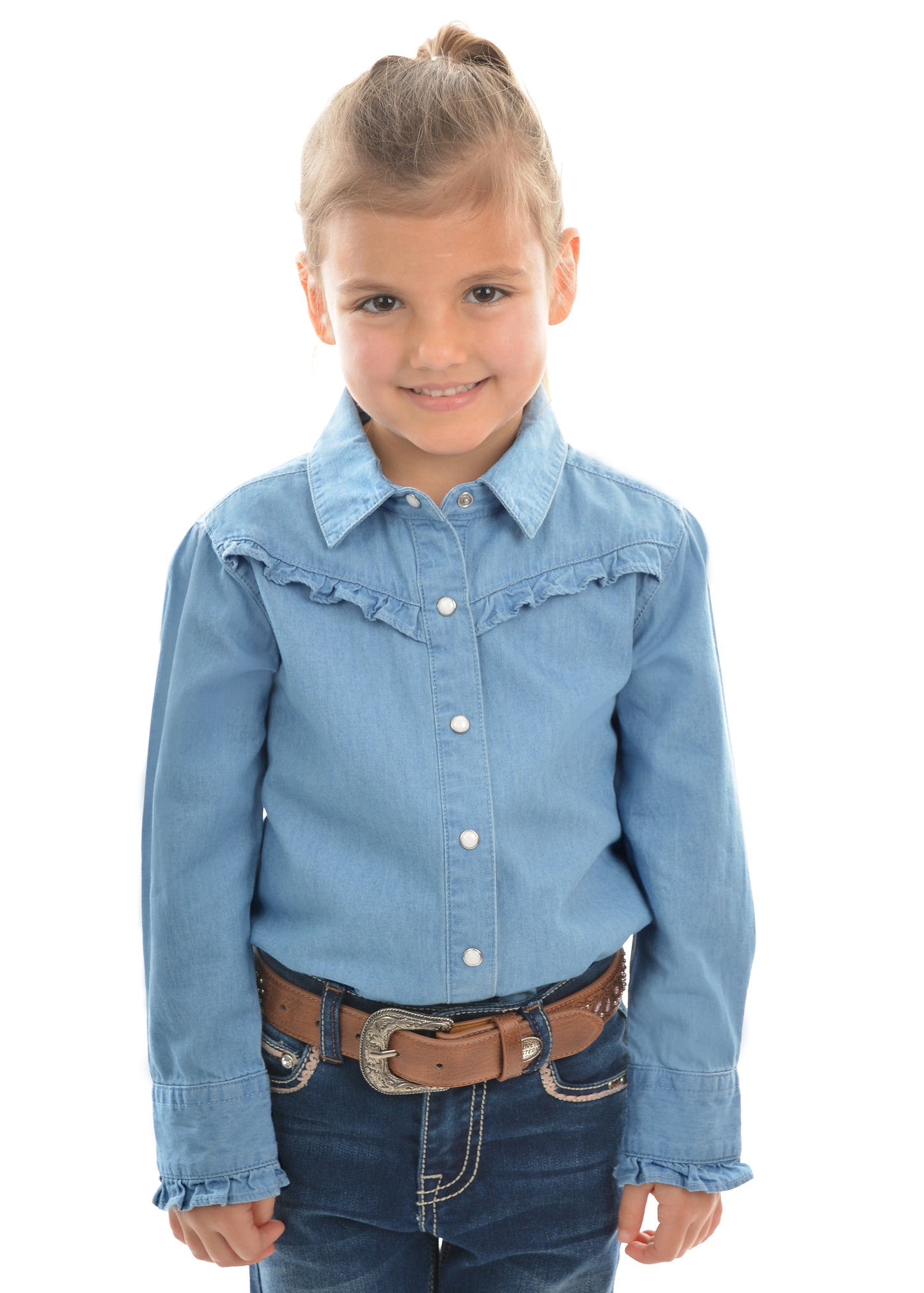 PURE WESTERN GIRLS DARCY CHAMRAY FRILL L/S SHIRT