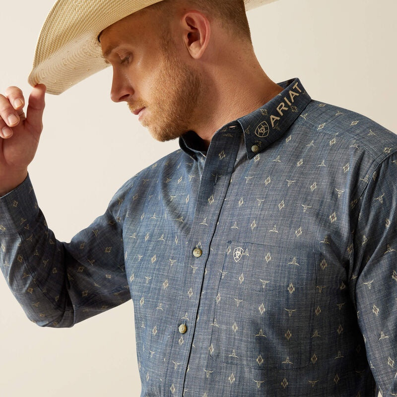 Ariat Mens Team Philibert Classic Fit LS Shirt in Chambray Blue/Khaki