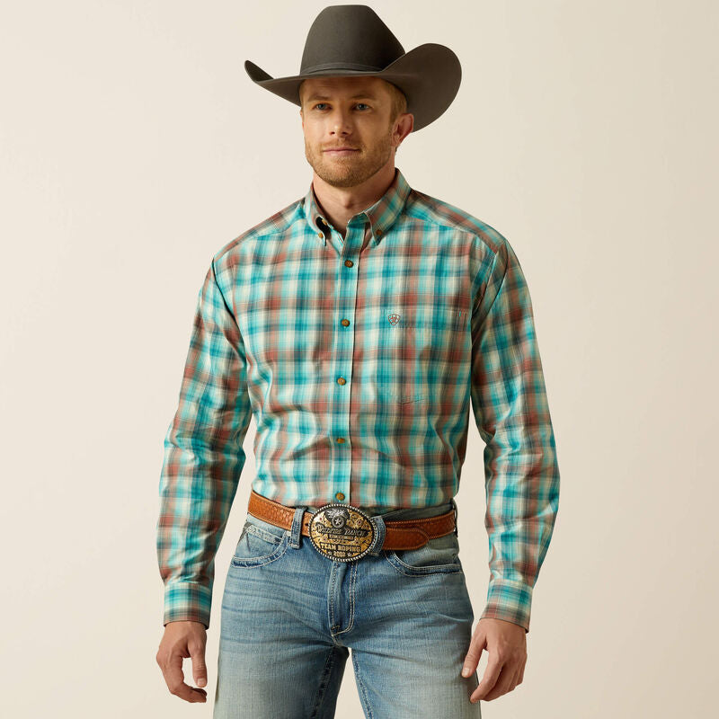 Ariat Mens Pro Series Brooklyn LS Shirt in Aqua Blue