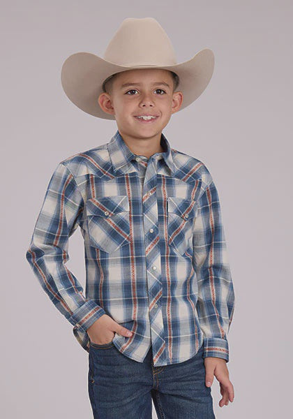 Roper Boys West Made Blue Plaid Long Sleeved Shirt