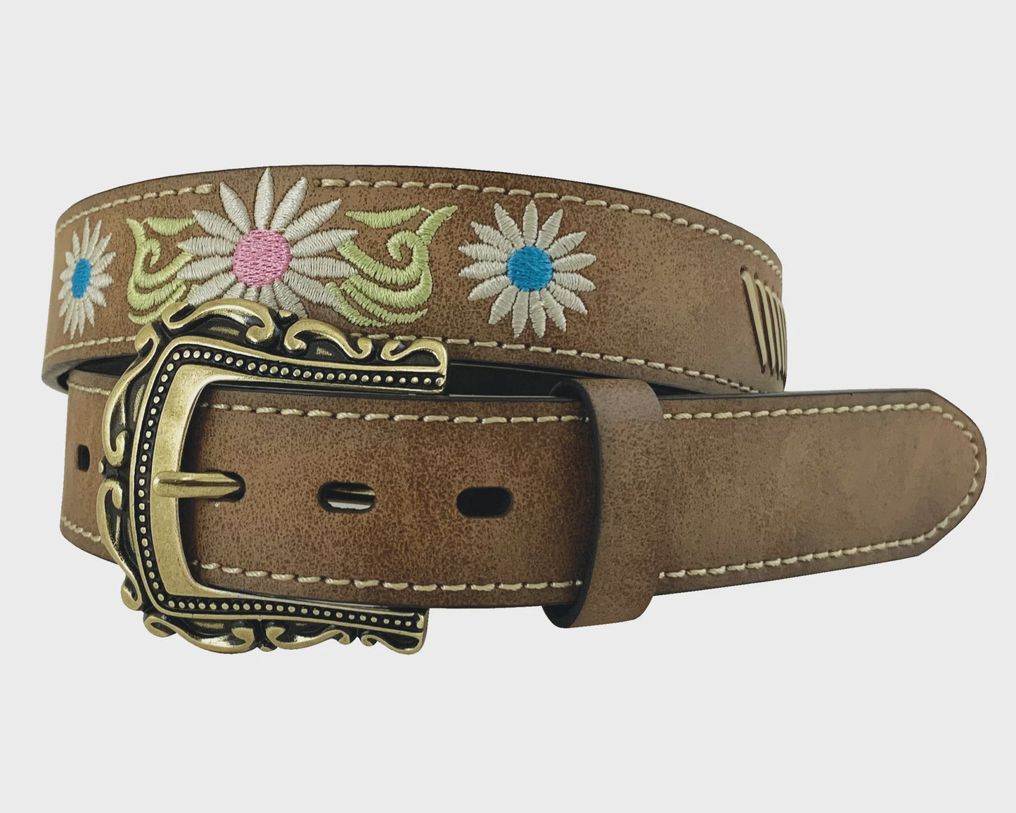 Roper Girl's Genuine Leather Brown Belt - Distressed Floral Embroidered