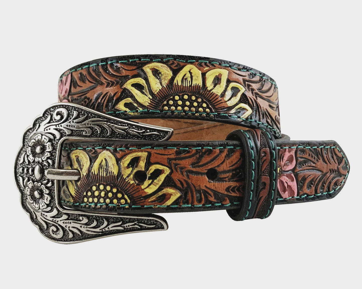 Roper Girl's Genuine Leather Tan Belt - Hand Tooled - Western Sunflowers