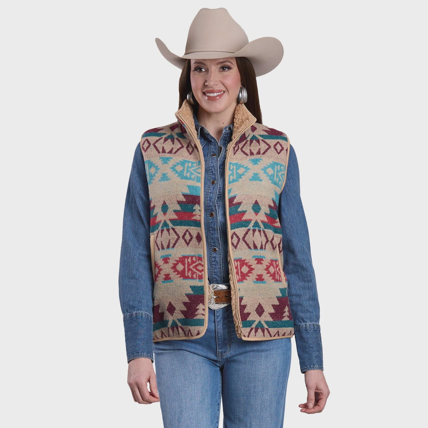 Roper Womens Aztec Woven Vest White/Cream