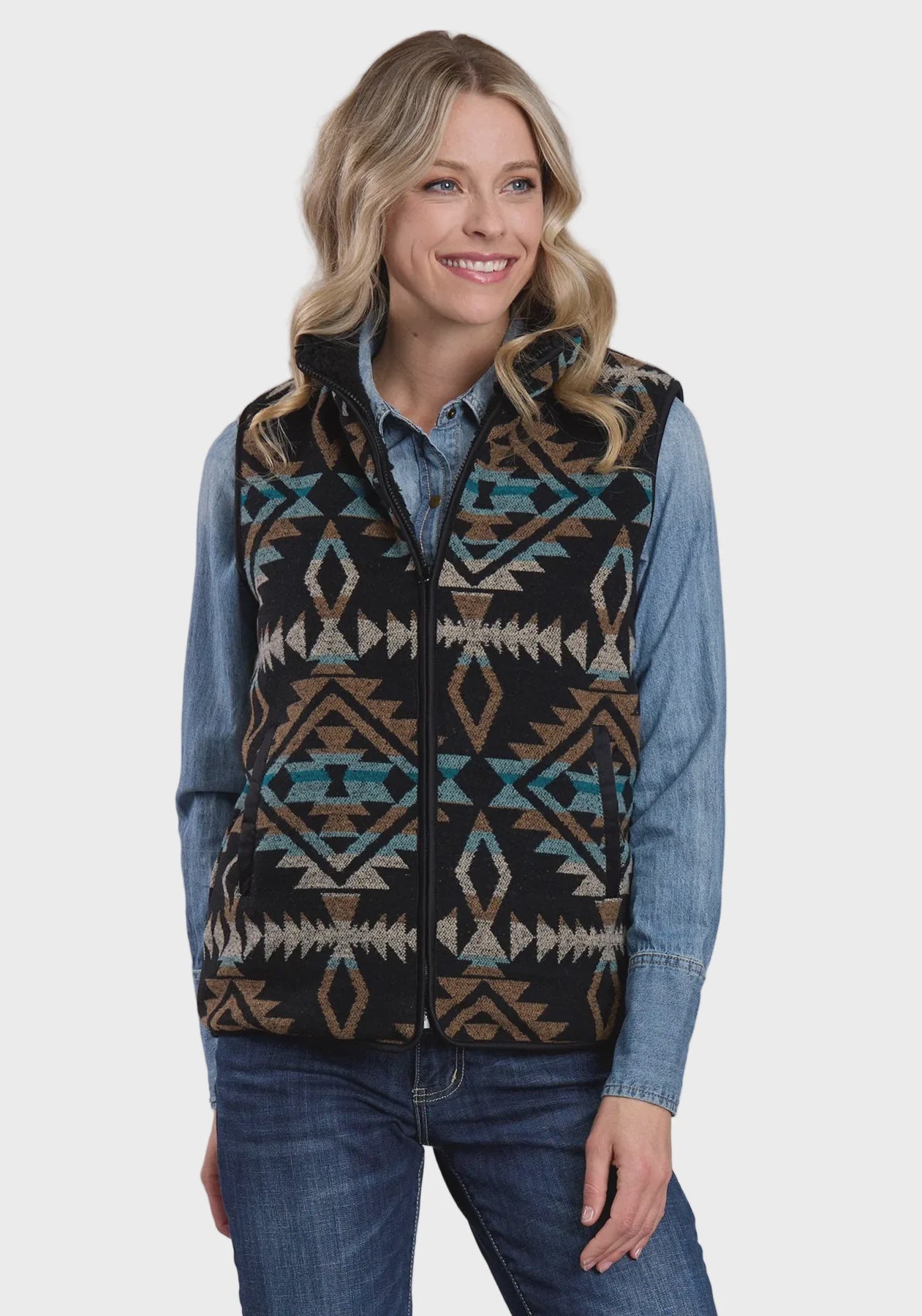 Roper Ladies Aztec Woven Vest Black