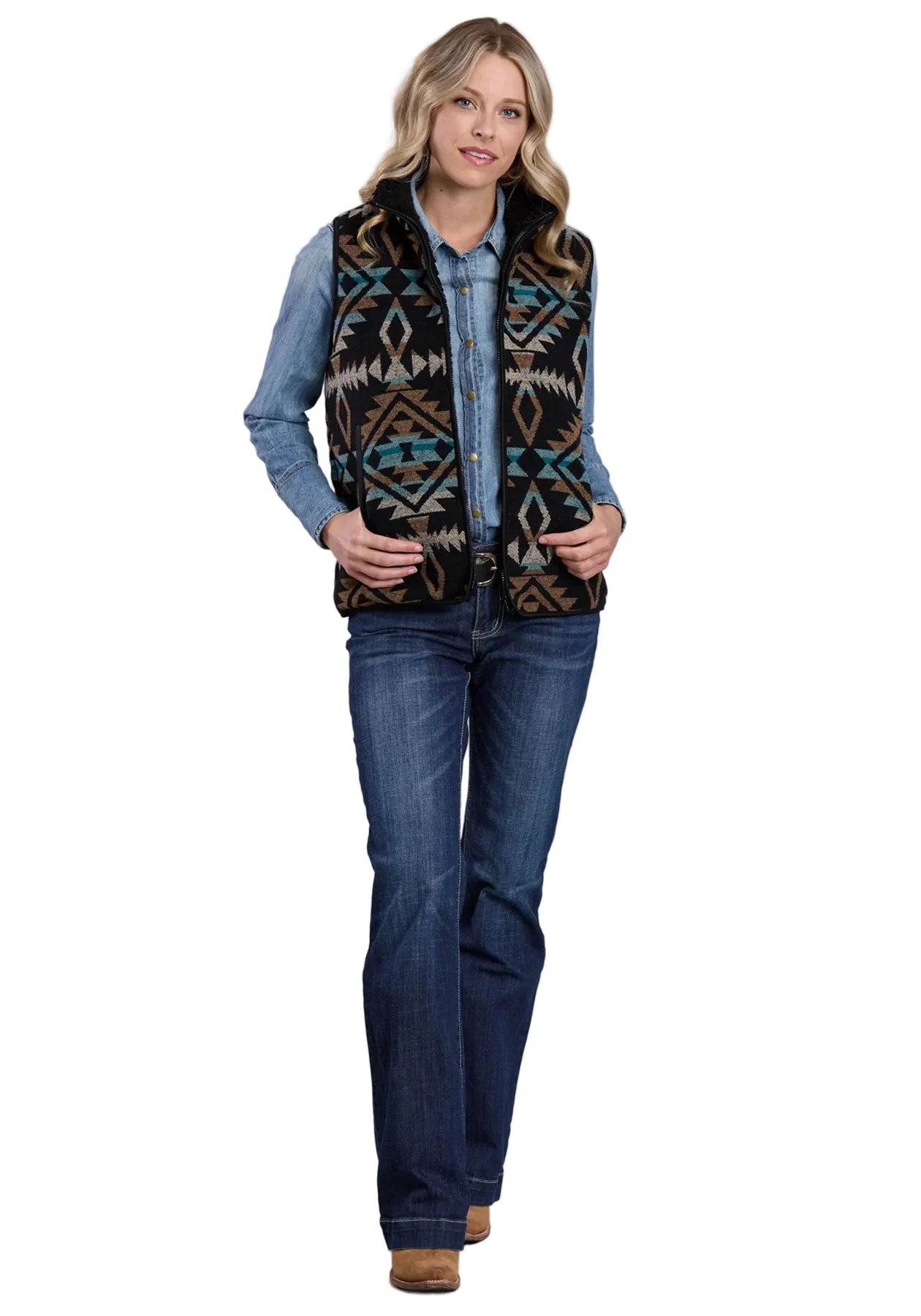 Roper Ladies Aztec Woven Vest Black