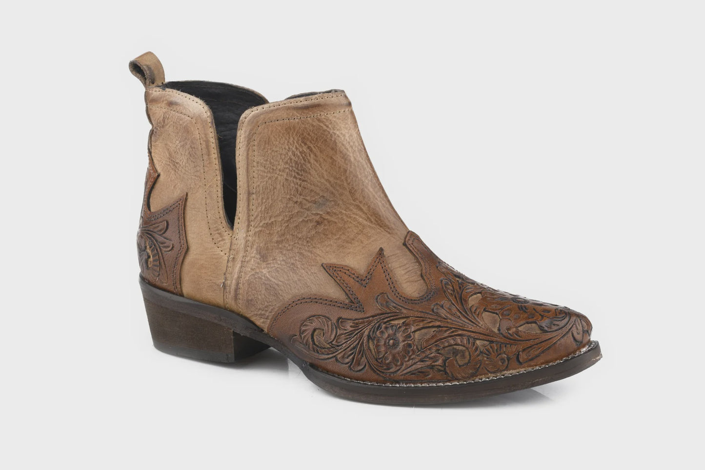 Roper Womens Addie Tooled Tan Burnished Leather Boots