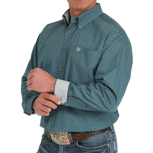 Cinch Mens Green Print Classic Fit Long Sleeve Button Down Fred Shirt