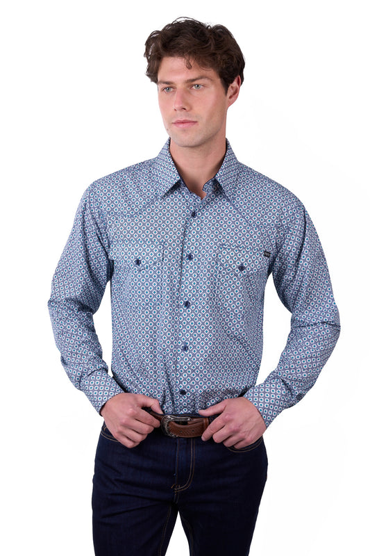 Pure Western Mens Mark LS Shirt in Navy/Teal