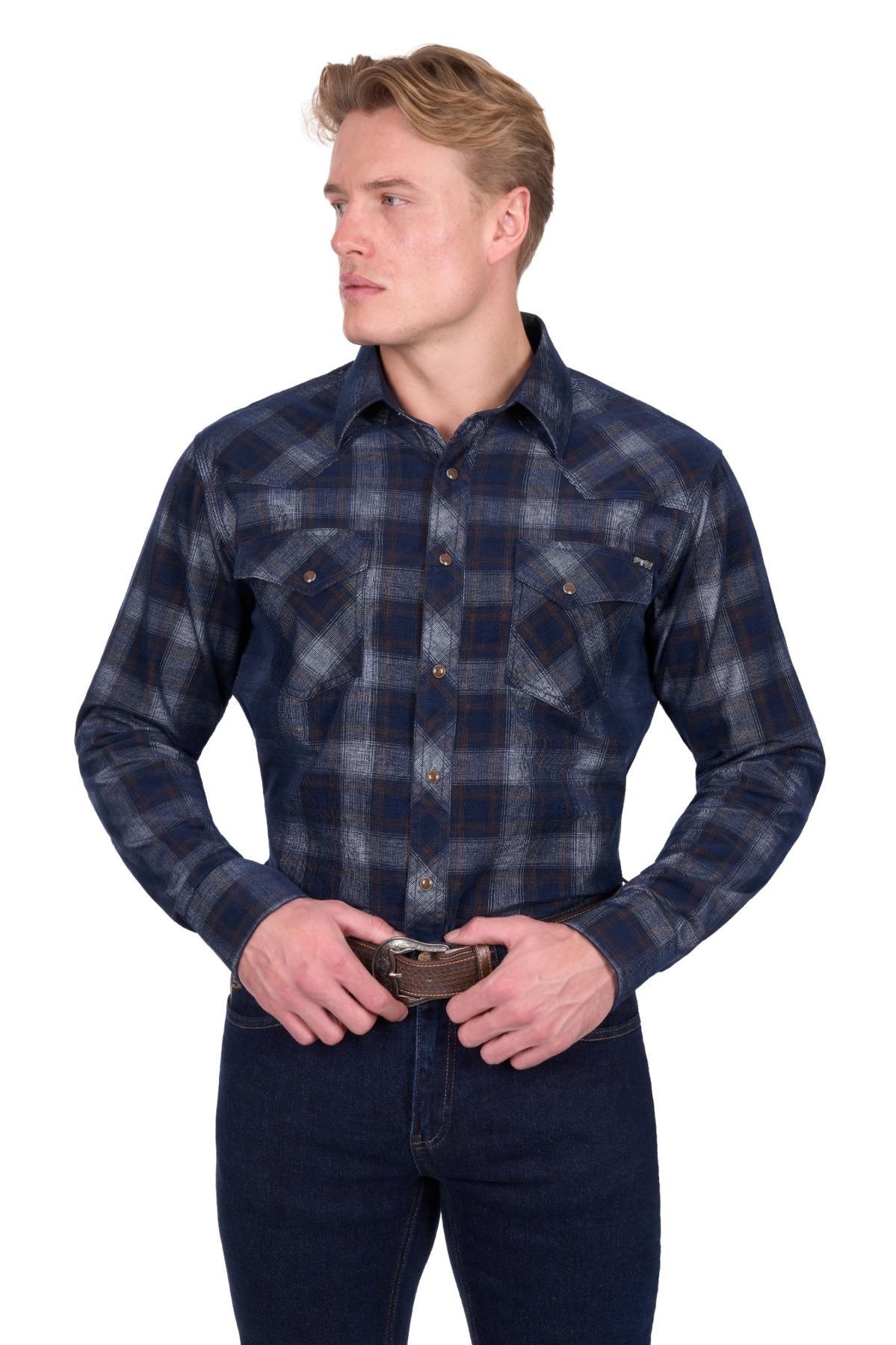 Pure Western Mens Harley Check Cord LS Shirt Navy/Tan