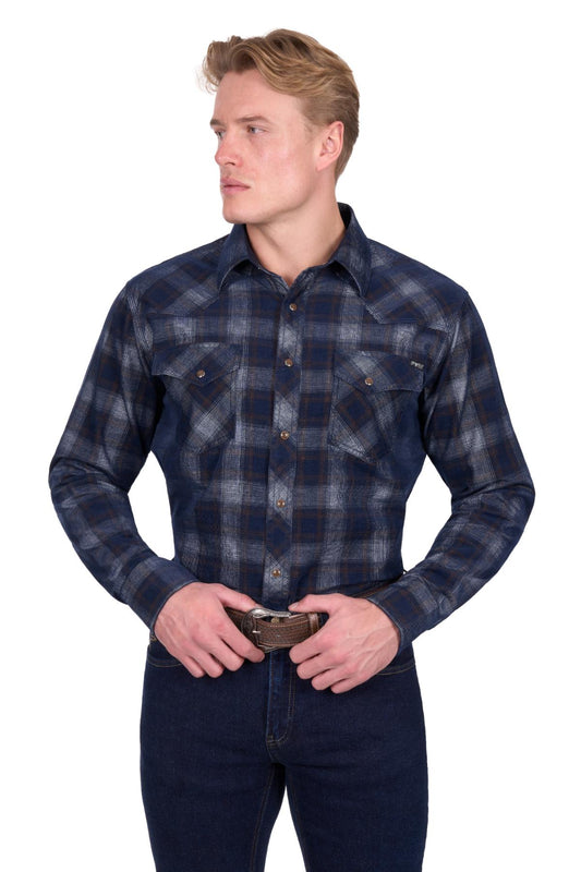 Pure Western Mens Harley Check Cord LS Shirt Navy/Tan