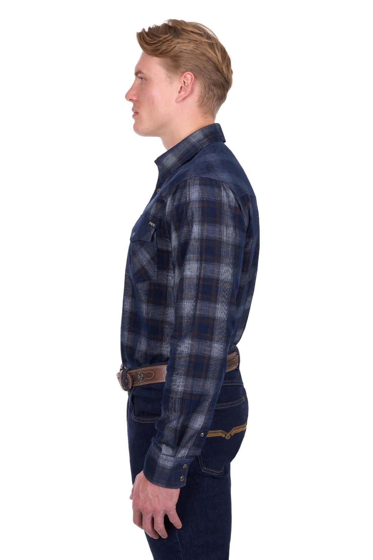 Pure Western Mens Harley Check Cord LS Shirt Navy/Tan