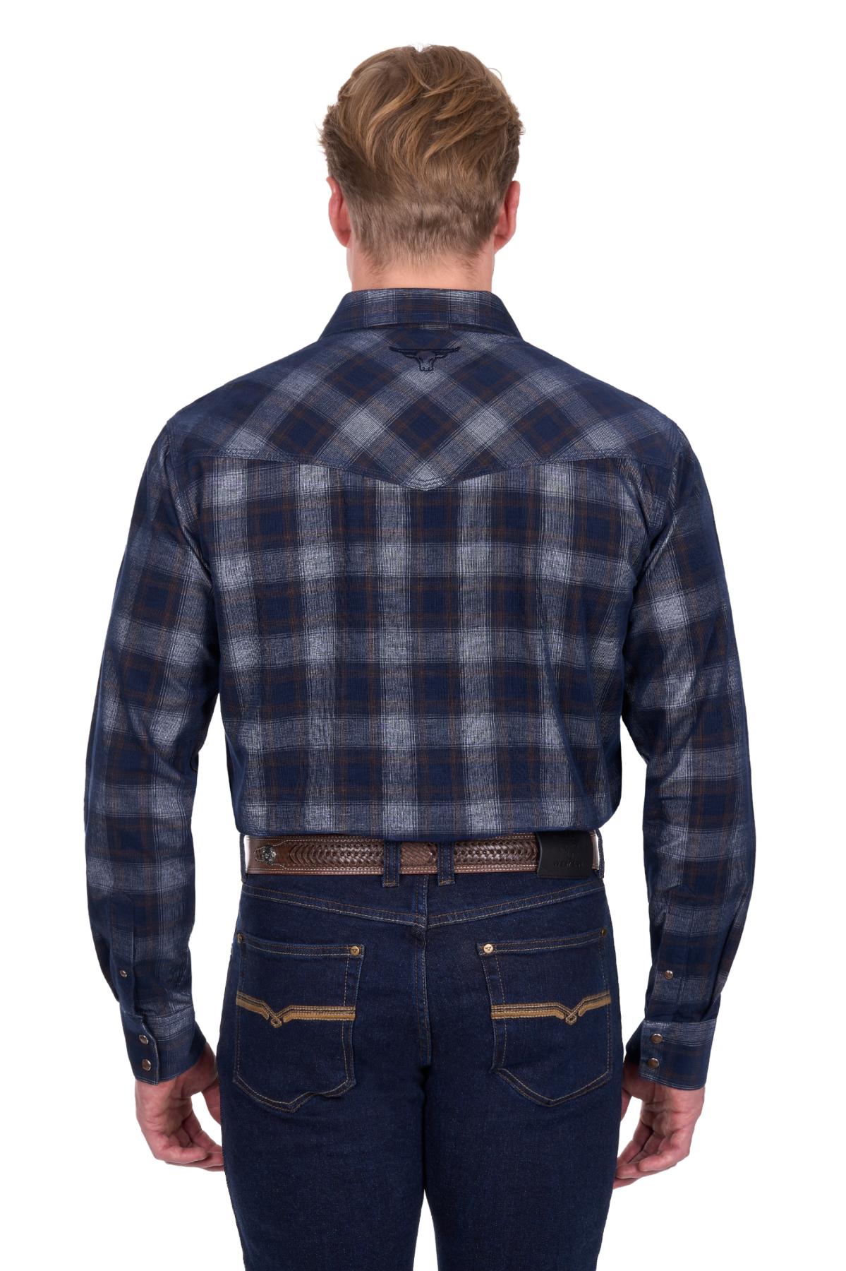 Pure Western Mens Harley Check Cord LS Shirt Navy/Tan