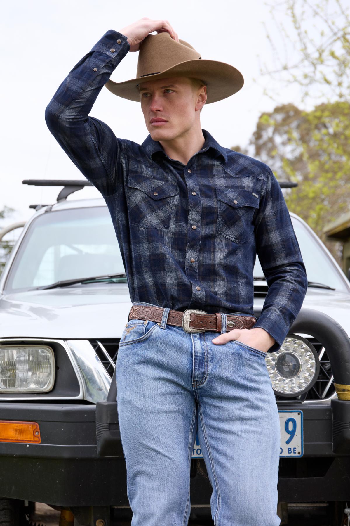 Pure Western Mens Harley Check Cord LS Shirt Navy/Tan