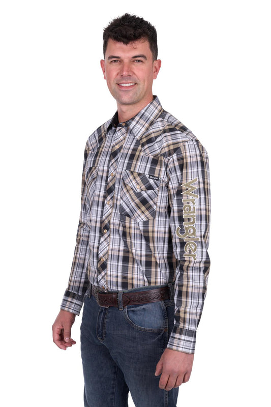 Wrangler Mens Joel Logo LS Shirt in Black and Tan