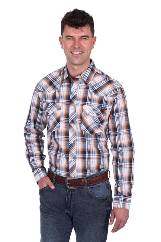 Wrangler Mens Toby LS Logo Shirt in Navy and Orange