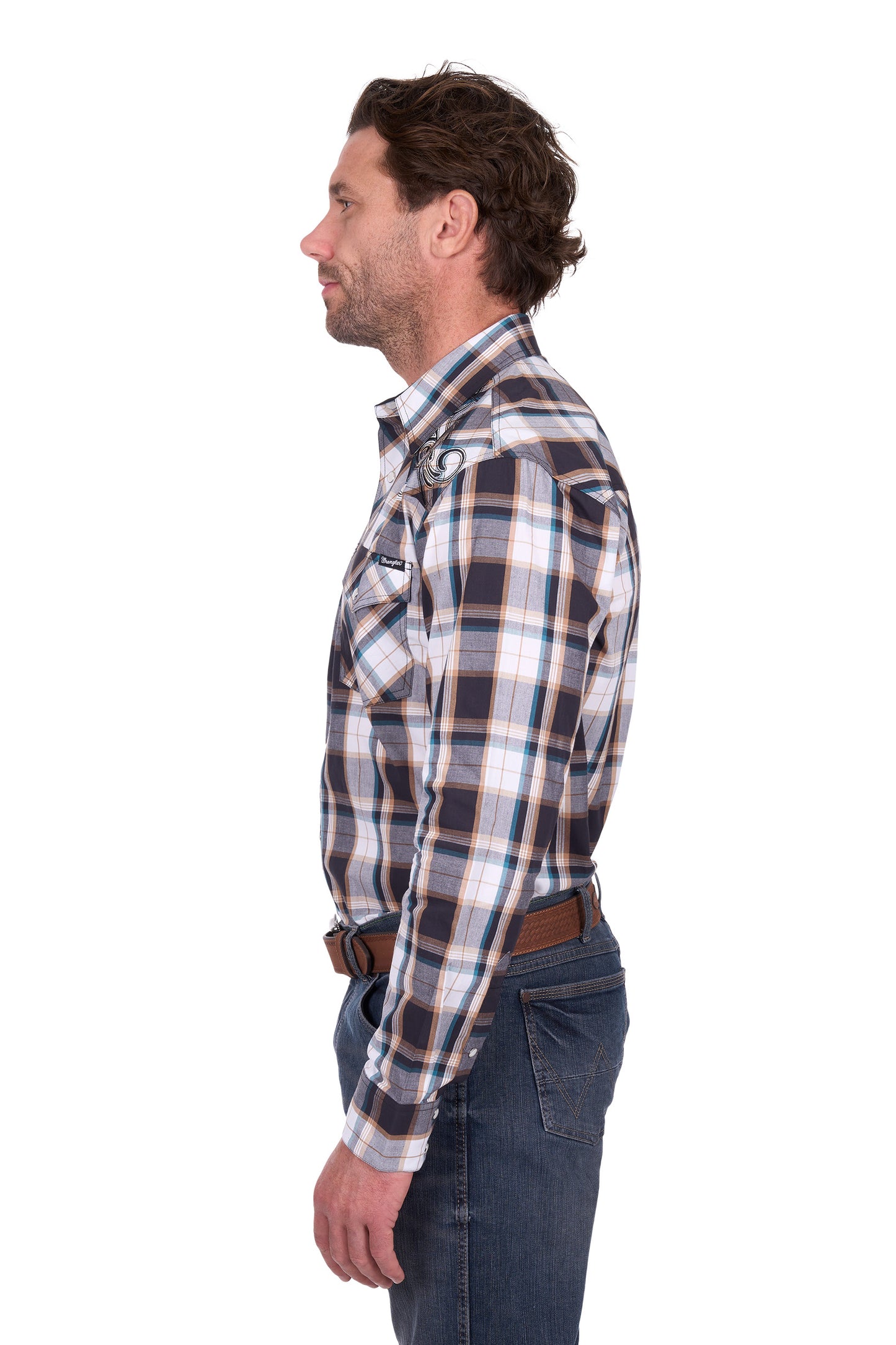 Wrangler Mens Ricky Embroidered Long Sleeve Shirt in Black and Tan